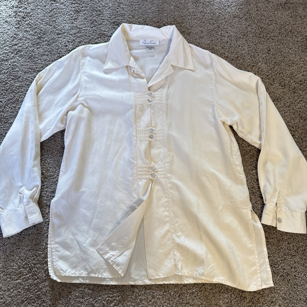 VTG Anne Carson SILK Tuxedo Blouse Shell Button Womens M Coastal Beach Steampunk